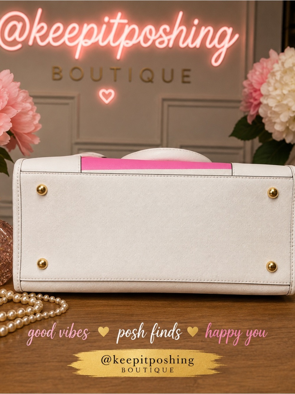 Striped Pink & White Top-Handle Satchel with Logo Charm - Picture 4 of 6